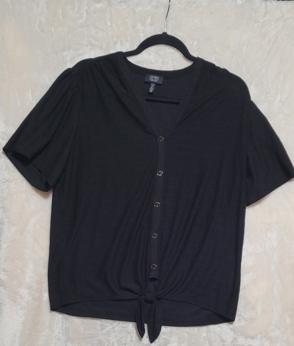 Jones New York Signature Tie Front Black Button Down Shirt 1X Plus Women's
